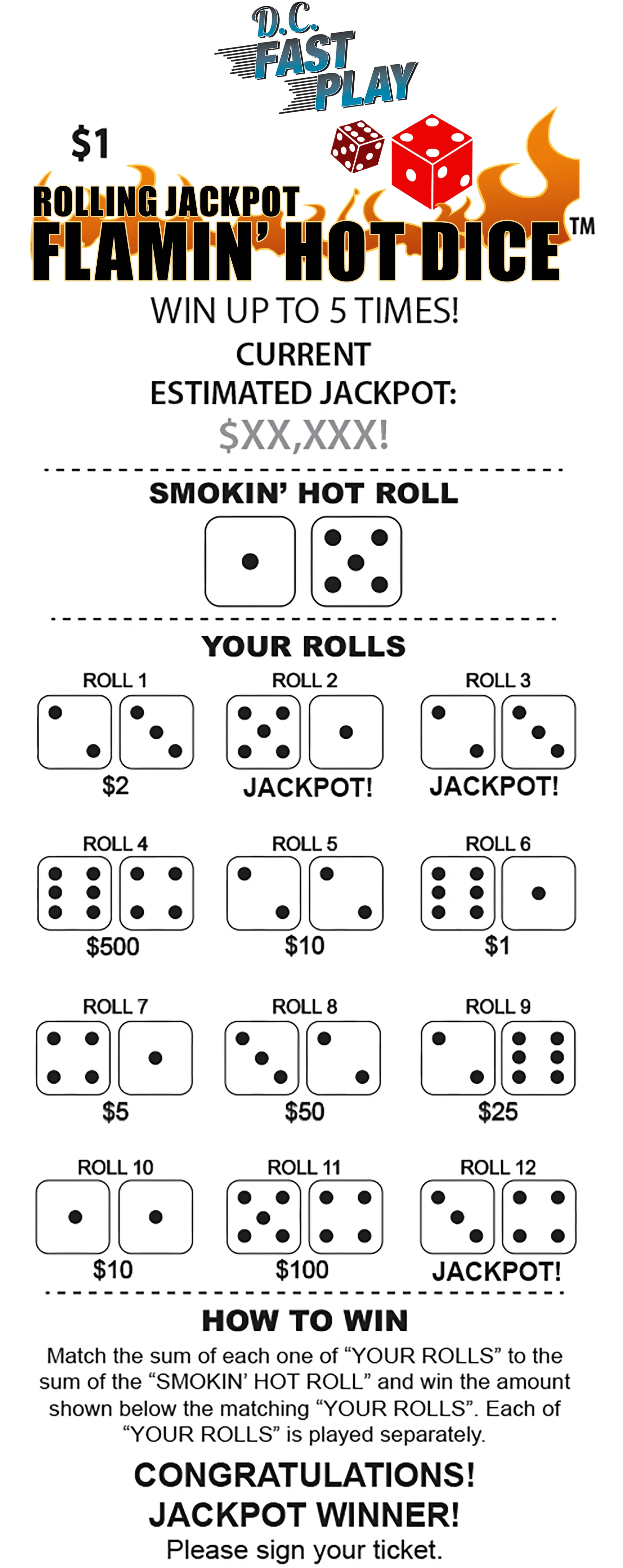 Rolling Jackpot Flamin' Hot Dice DC Lottery
